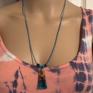 Turquoise Corded Necklace with Vibrant Epoxy Pendant & Beads